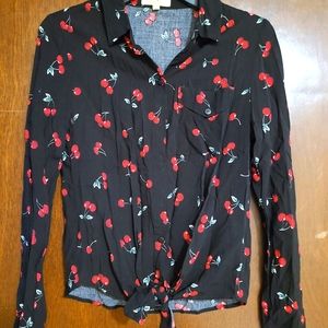 Cherry print tie-front button up
